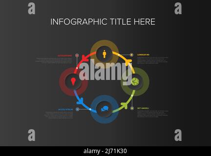 Vector multipurpose Infographic cycle template with four color circles elements options on a dark gray background. Stock Vector