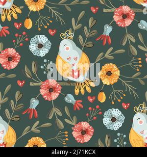 Cute bird animal seamless pattern. Exotic decoration Stock Vector