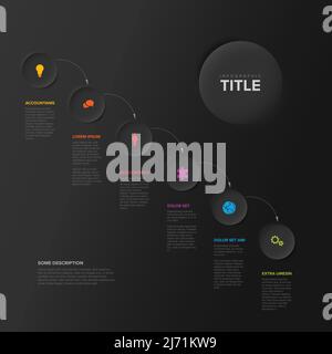 Vector dark diagonal progress steps template with arrows  made from six dark relief circles with descriptions and icons and rainbow colorful timeline Stock Vector