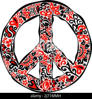 Folk art illustration pacific peace sign in red and black colors and ethnical pattern Stock Vector