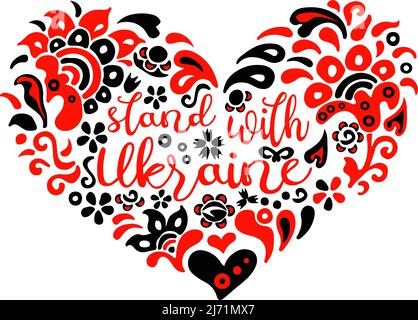 Folk art illustration heart and lettering in red and black colors and ethnical pattern Stock Vector