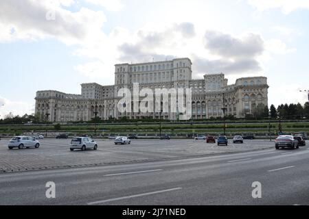 Huge House of the People  in Bucharest, Romania, which is the 2nd largest building in the world; seat of  Romanian parliament; architect Anca Petrescu Stock Photo