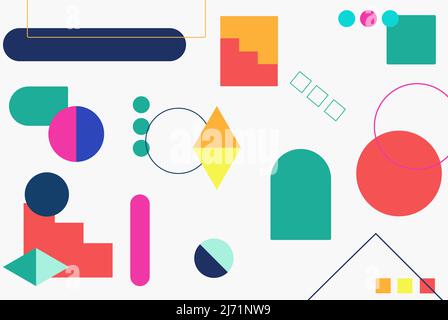 Colorful circles lines and shapes abstract background with pastel colors, geometrical circle square background, yellow white pink blue red green Stock Vector