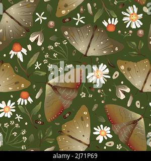 Moth decoration seamless pattern. Insect butterfly animal daisy flower. Colorful wallpaper Stock Vector