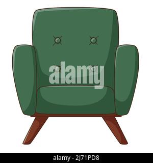 An empty green chair. Front view. An interior item. Home furniture. Design element with outline. Doodle, hand-drawn. Flat design. Color vector illustr Stock Vector