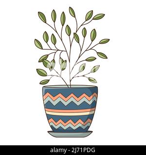 A houseplant in a blue pot with a pattern. Decorative design element with an outline. Doodle, hand-drawn. Flat design. Color vector illustration. Stock Vector