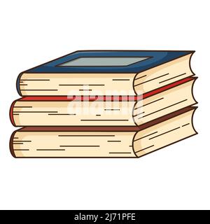 A stack of books. Reading, learning. Cozy home. Design element with outline. Doodle, hand-drawn. Flat design. Color vector illustration. Isolated on a Stock Vector