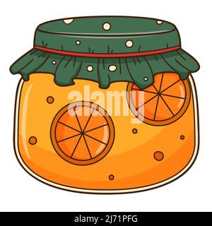 A nice jar of orange jam with a green wrapper. home-made preparations. Autumn, harvest. Food Design element with outline. Doodle, hand-drawn. Flat des Stock Vector