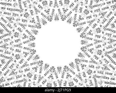 White circle surrounded by messy scrambled words. Abstract text and typography background illustration. Stock Photo