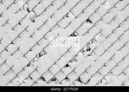 Snow covered chain-link fence. Abstract winter background. Stock Photo