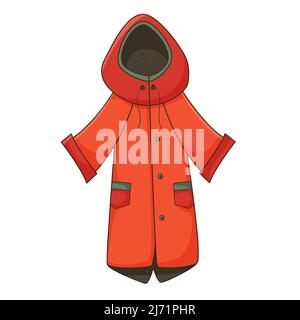 A red raincoat with a hood. Autumn outerwear. Design element with outline. Autumn theme. Doodle, hand-drawn. Flat design. Color vector illustration. I Stock Vector