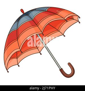 Open blue-red umbrella. Design element with outline. Autumn theme. Doodle, hand-drawn. Flat design. Color vector illustration. Isolated on a white bac Stock Vector