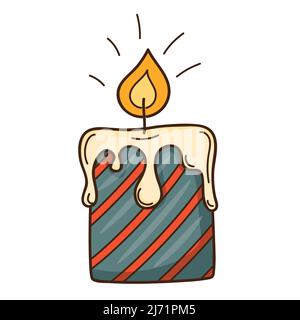 Decorative candle in stripes. A burning fire. Cozy home. Decorative design element with an outline. Doodle, hand-drawn. Flat design. Color vector illu Stock Vector