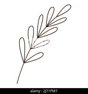 Abstract twig with leaves. A blade of grass. Botanical, plant design element with outline. Doodle, hand-drawn. Flat design. Black white vector illustr Stock Vector