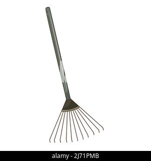 Rake for loosening the ground and collecting leaves. Garden tools, a symbol of autumn. Decorative element with an outline. Doodle, hand-drawn.Flat des Stock Vector