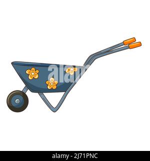 Blue empty garden wheelbarrow with flowers. Garden tools. A decorative element with a contour. Hand-drawn doodles. Flat design. Color vector illustrat Stock Vector