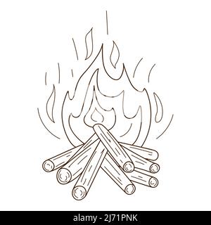 A wood-burning bonfire. Camping, picnic, burning flame. Decorative element with an outline. Doodle, hand-drawn. Black white vector illustration. Isola Stock Vector