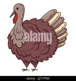 Live turkey. Poultry. The symbol of Thanksgiving. Design element with outline. Doodle, hand-drawn. Flat design. Color vector illustration. Isolated on Stock Vector