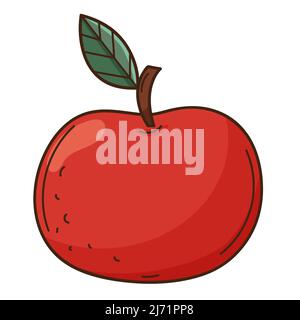 Red apple. Fruit. A symbol of autumn, harvest. Design element with outline. Doodle, hand-drawn. Flat design. Color vector illustration. Isolated on a Stock Vector