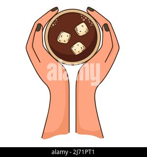 A cup of coffee with marshmallows in a woman's hands. Top view. Design element with outline. Doodle, hand-drawn. Flat design. Color vector illustratio Stock Vector