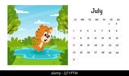 Horizontal desktop calendar page template for July 2022 with a cartoon tiger symbol of the Chinese year. The week starts on Sunday. Tiger jumps in the Stock Vector