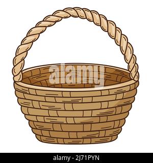 An empty wicker basket. Decorative element with an outline. Doodle, hand-drawn. Flat design. Color vector illustration. Isolated on a white background Stock Vector