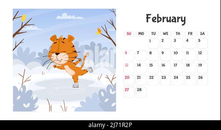 Horizontal desktop calendar page template for February 2022 with a cartoon tiger symbol of the Chinese year. The week starts on Sunday. Tiger skating. Stock Vector