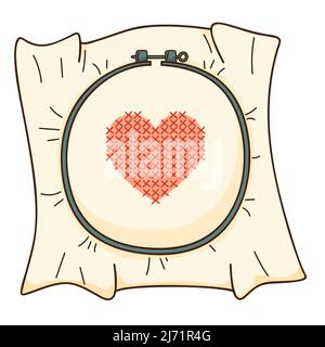 Embroidery on the hoop. A red heart embroidered with a cross. Needlework. Design element with outline. Doodle, hand-drawn. Flat design. Color vector i Stock Vector