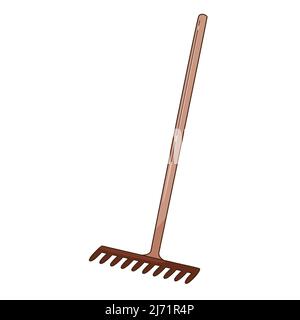 Rake for loosening the ground and collecting leaves. Garden tools, a symbol of autumn. Decorative element with an outline. Doodle, hand-drawn.Flat des Stock Vector