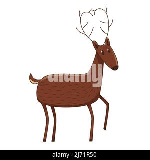 A simple cute deer. Forest wild mammal animal. Decorative element with an outline. Doodle, hand-drawn. Flat design. Color vector illustration. Isolate Stock Vector