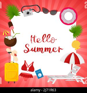 A square postcard with a red striped frame and the words Hello summer. Summer decorative elements, cocktail, sunbed, palm leaves, camera, suitcase, li Stock Vector