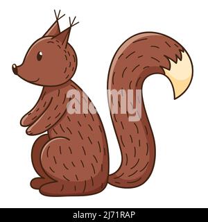 A simple cute squirrel. A forest mammal. Decorative element with an outline. Doodle, hand-drawn. Flat design. Color vector illustration. Isolated on a Stock Vector