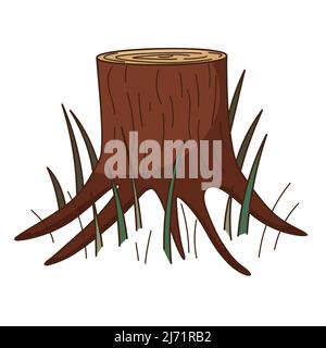 A stump of a tree. Forest, nature. Decorative element with an outline. Doodle, hand-drawn. Flat design. Color vector illustration. Isolated on a white Stock Vector