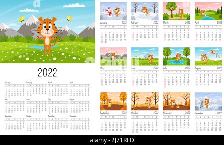 Vertical Wall Calendar Template 2022. The week starts on Sunday. Ready-to-print calendar with Chinese year symbol cartoon Tiger. A set of 12 pages and Stock Vector