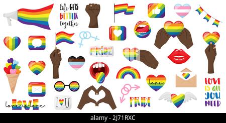 A large set of stickers on the theme of pride month, LGBTQ. Lips, black hand holding flag, heart, glasses, lettering, mouthpiece, fist. LGBT rainbow. Stock Vector