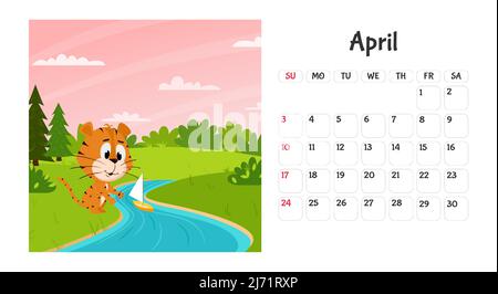 Horizontal desktop calendar page template for April 2022 with a cartoon tiger symbol of the Chinese year. The week starts on Sunday. Tiger launches a Stock Vector