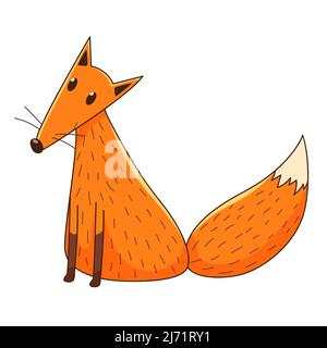 A simple cute fox. A forest mammal. Decorative element with an outline. Doodle, hand-drawn. Flat design. Color vector illustration. Isolated on a whit Stock Vector