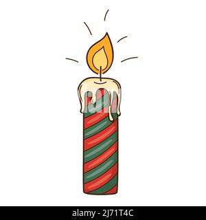 Decorative candle in stripes. A burning fire. Cozy home. Decorative design element with an outline. Doodle, hand-drawn. Flat design. Color vector illu Stock Vector