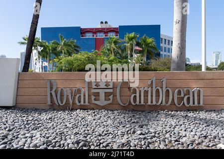 Miami, Fl, USA - January 2, 2022: Close up of Royal Caribbean Group logo sign at their headquarters in Miami, USA. Stock Photo
