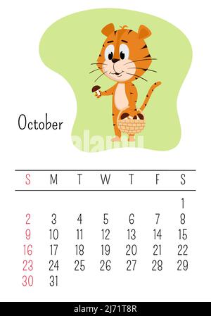 Vertical Wall calendar page template for October 2022 with a cartoon Chinese year symbol. The week starts on Sunday. Tiger collects mushrooms Stock Vector