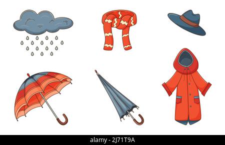 A set of colored doodles. Outerwear, raincoat, umbrella, scarf, hat, cloud, rain. Autumn decorative elements with outline and fill. Color vector illus Stock Vector