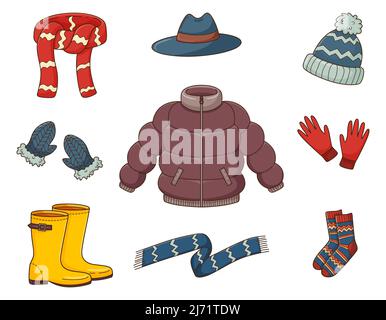 A set of colored doodles. Outerwear, down jacket, sweater, hat, scarf, boots, gloves, socks. Warm autumn clothes. Decorative elements with a stroke an Stock Vector