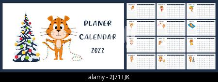 Horizontal Desktop Calendar Template 2022. The week starts on Sunday. Ready-to-print calendar with Chinese year symbol cartoon Tiger. A set of 12 page Stock Vector