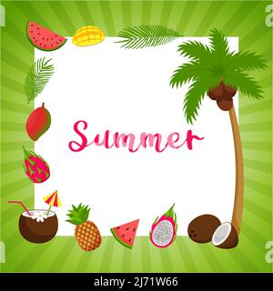 A square postcard with a green striped frame and the words Summer. Summer decorative elements, tropical fruits and palm leaves, palm, monstera, waterm Stock Vector