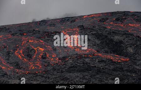 Gluehende Lava, Lavastrom, Lavafeld, aktiver Tafelvulkan Fagradalsfjall, Krysuvik-Vulkansystem, Reykjanes Halbinsel, Island Stock Photo