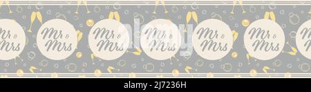 Mr and Mrs wedding typography vector template border on a backdrop of champagne glasses, fizzy bubbles. Pastel lilac gold banner with fizzy Stock Vector