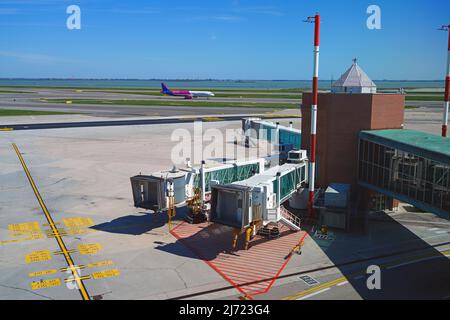 VENICE, ITALY -17 APR 2022- View of an airplane from Hungarian ultra low-cost airline Wizz Air (W6) at the Venice Marco Polo Airport (VCE), located on Stock Photo