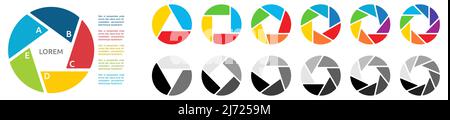 Circle divided in three to nine same size segments, forming polygon at middle - different colours and gray version. Can be used as infographics elemen Stock Vector