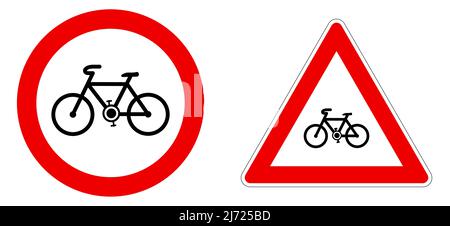 Simple black bicycle icon in red circle and triangle - bike warning or not allowed sign Stock Vector
