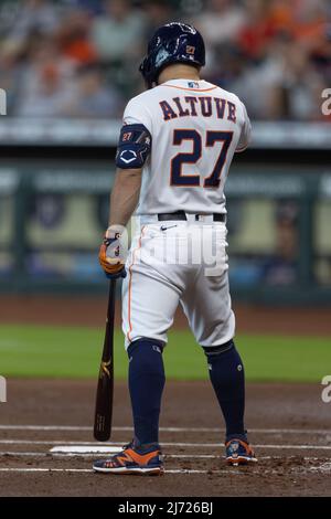 Houston Astros second baseman Jose Altuve (27) enters the batters box in the bottom of the 1st inning against the Seattle Mariners, Wednesday, May 4, Stock Photo